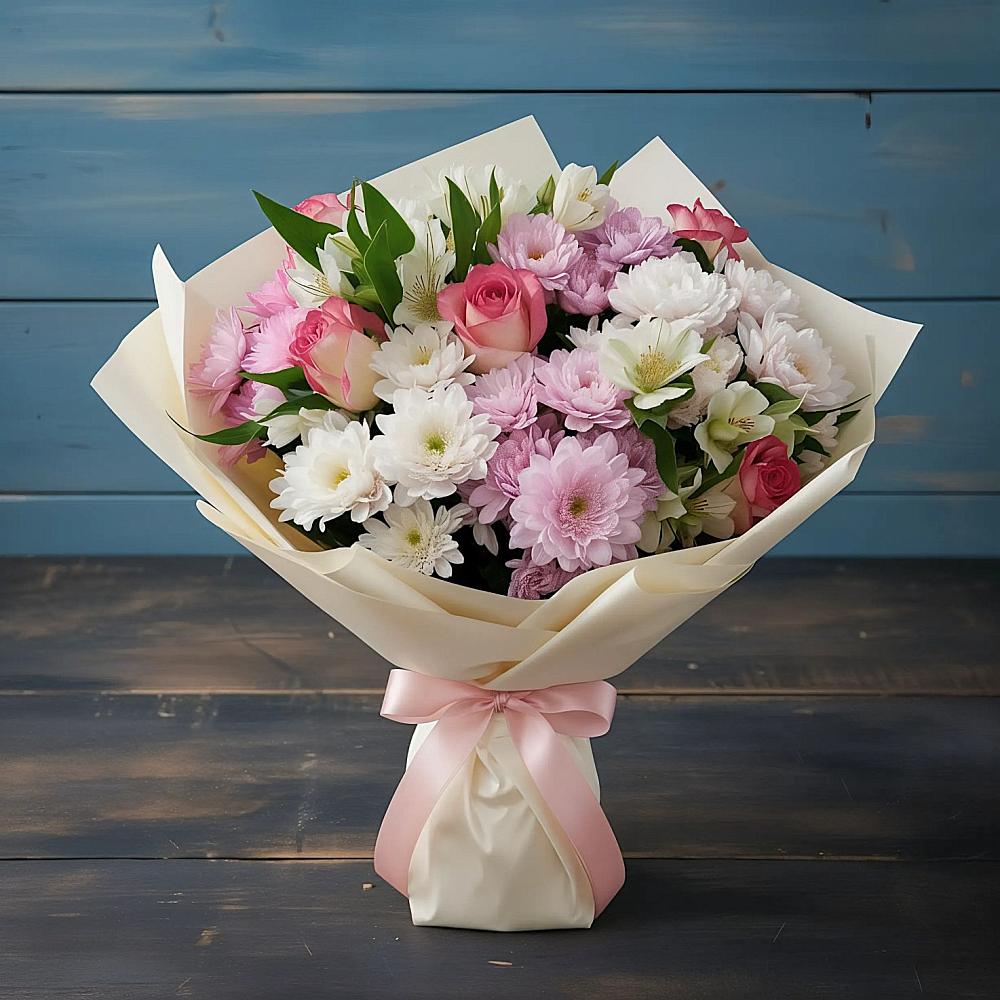 Букет цветов из: Хризантемы, Альстромерии и Розы в Райсеменовское